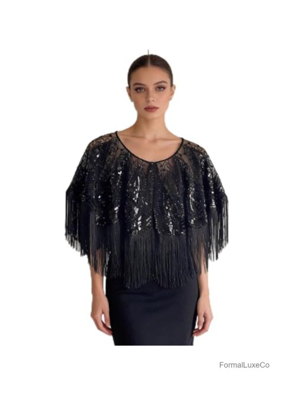 1920s Sequin Beaded Flapper Fringe Evening Shawl Wrap Party Cape